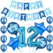 12th Birthday Decorations Boy Blue 12 Happy Birthday Banner Balloon Supplies Kit
