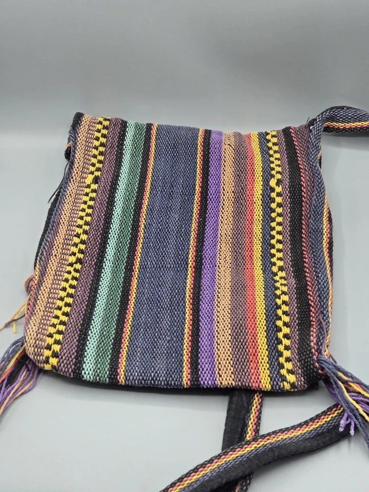 BOLSO TEJIDO BOHO VINTAGE Bandolera Flecos Cremallera 100% Algodón Rayas Bohemio Foto 3 de 4