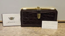 Lady Bosca Vintage Alligator Leather Wallet Brown Calfskin Kisslock Clutch Purse