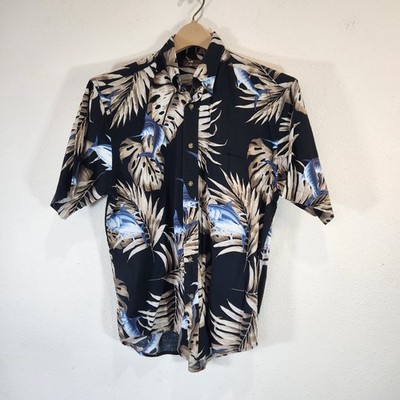 Cafe Luna Hawaiian Aloha Shirt Black Tropical Fish Print Retro Resort Mens Small