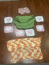 Vintage Crochet Pieces Handmade Various Sizes And Colors. Hand Bag, Hat, Squares