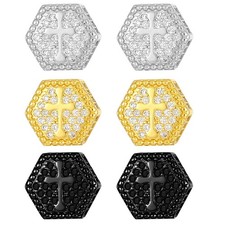Womens Mens Delicate Stainless Steel Hexagon Ear Studs Rhinestone Cross Earrings