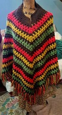 Vintage Crochet Poncho Shawl Fringe 1970 s