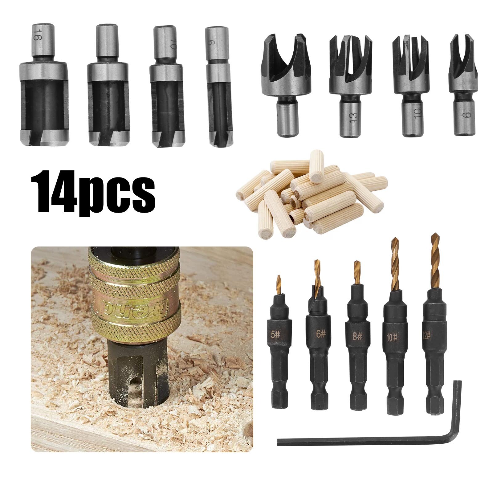 UK 14pcs/Set Pack Countersink Drill Bit Wood Plug Cutter Woodworking Screw Hole