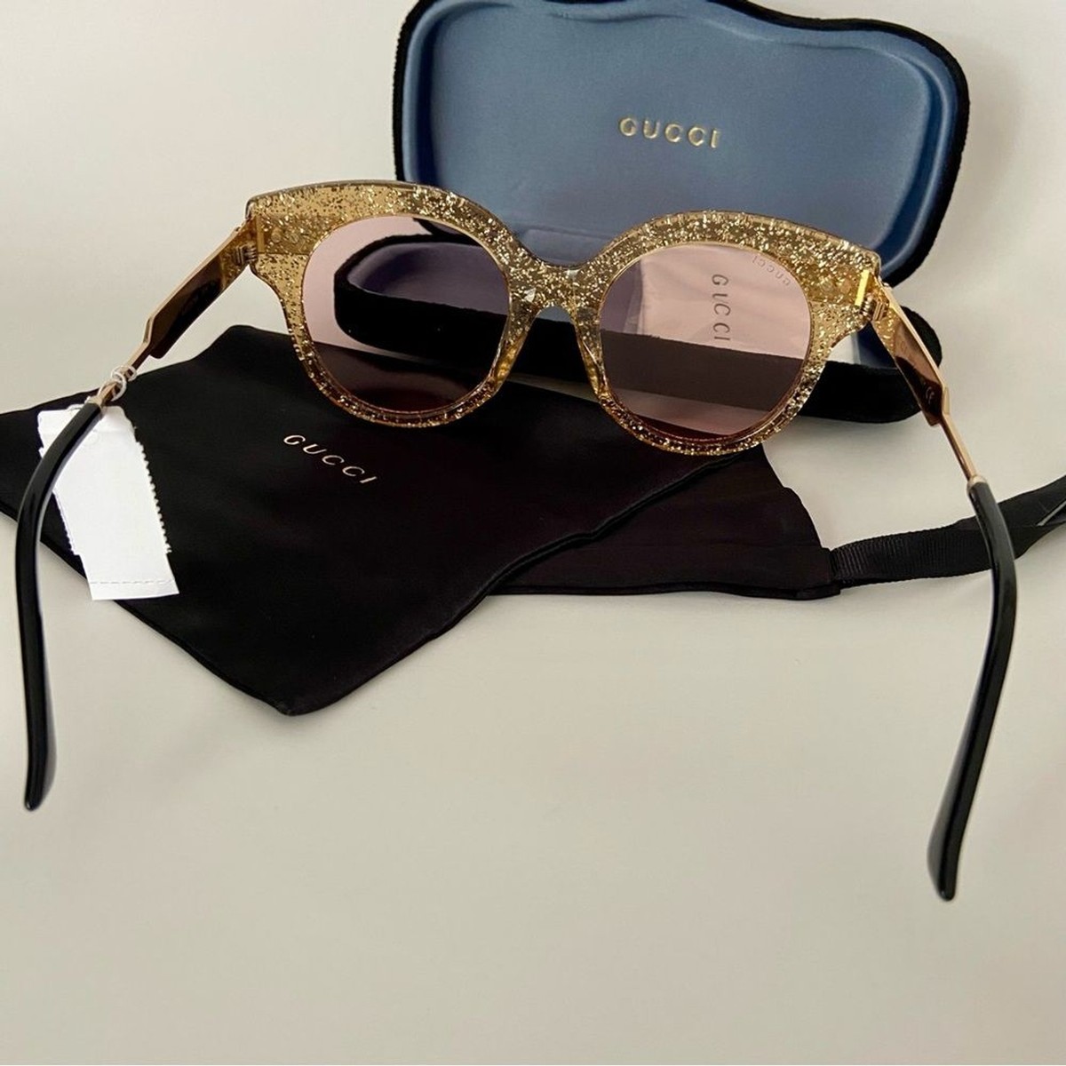 GUCCI★素敵!ROUND GOLD HONEY GLITTER SUNGLASSES New! Authentic! Gucci Gold Glitter GG Logo Sunglasses Strips