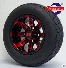 GOLF CART 10" RED/BLACK TEMPEST WHEELS and GECKO 18" 205/50-10 LOW PROFILE TIRES