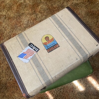 JC Higgins Vintage Striped Suitcase Tweed Brass Hardware