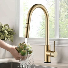 Brushed Gold Kitchen Sink Faucet Swivel Mixer Taps Single Handle Pull Down Spray