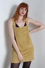 Vintage Y2K Corduroy Cord Pinafore Dress - Beige - Size Medium M (J1)