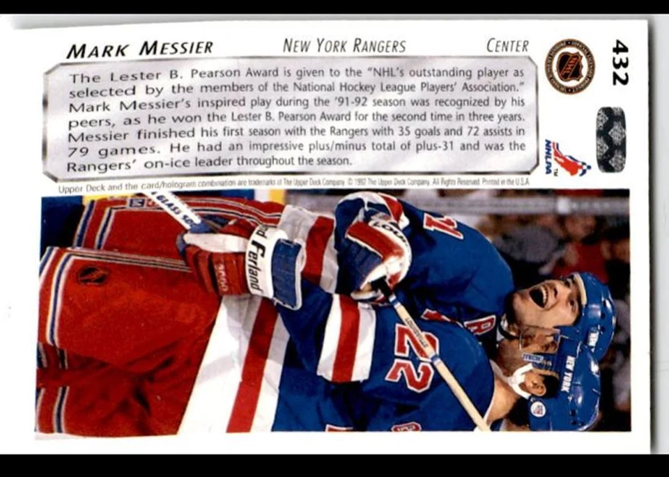 1992-93 Upper Deck Mark Messier New York Rangers #432 - Image 2 of 2