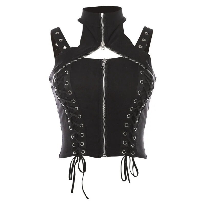 CORSET ZIP UP LACE UP TURTLE NECK VEST HALTER TOP GOTH BIKER CORE