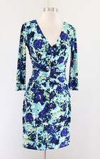 Ann Taylor Blue Green Floral Print Ruched Gathered Waist Dress V Neck Size 2