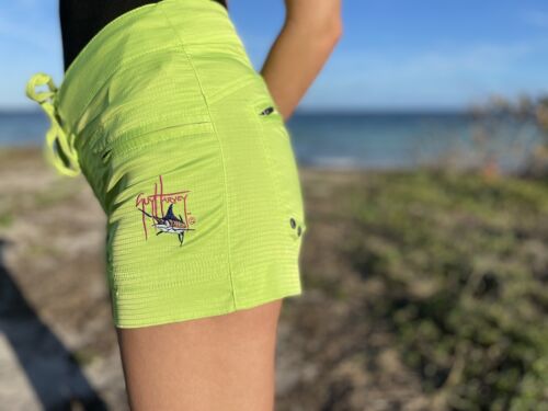 Guy Harvey Beach Board Swim Fish Shorts Green Zip/Pockets Women’s Sz 4