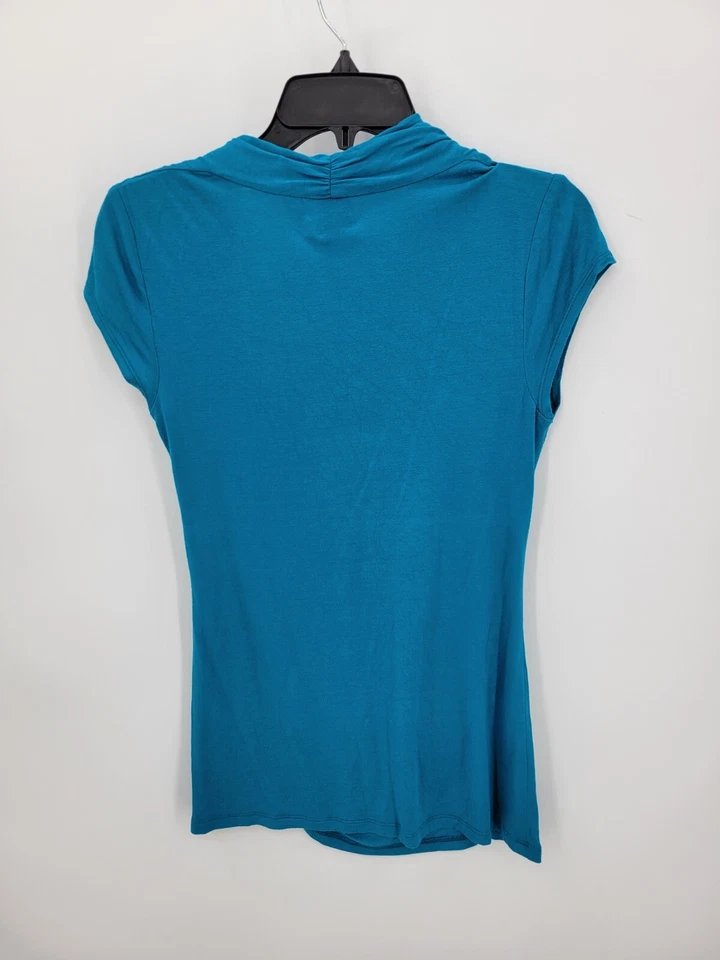 Wrapper London Top Womens Small Blue Ruched Cap Sleeve Knit Flattering Stretchy - Image 2 of 4