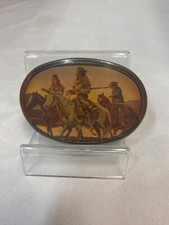 VINTAGE Metal Belt BUCKLE Scouting Party, Cowboys Native Americans Gold, Rare