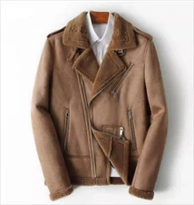 Men's Winter Sheepshear Leather Short Jacket Motorcycle Mini Coat Biker Jacket 