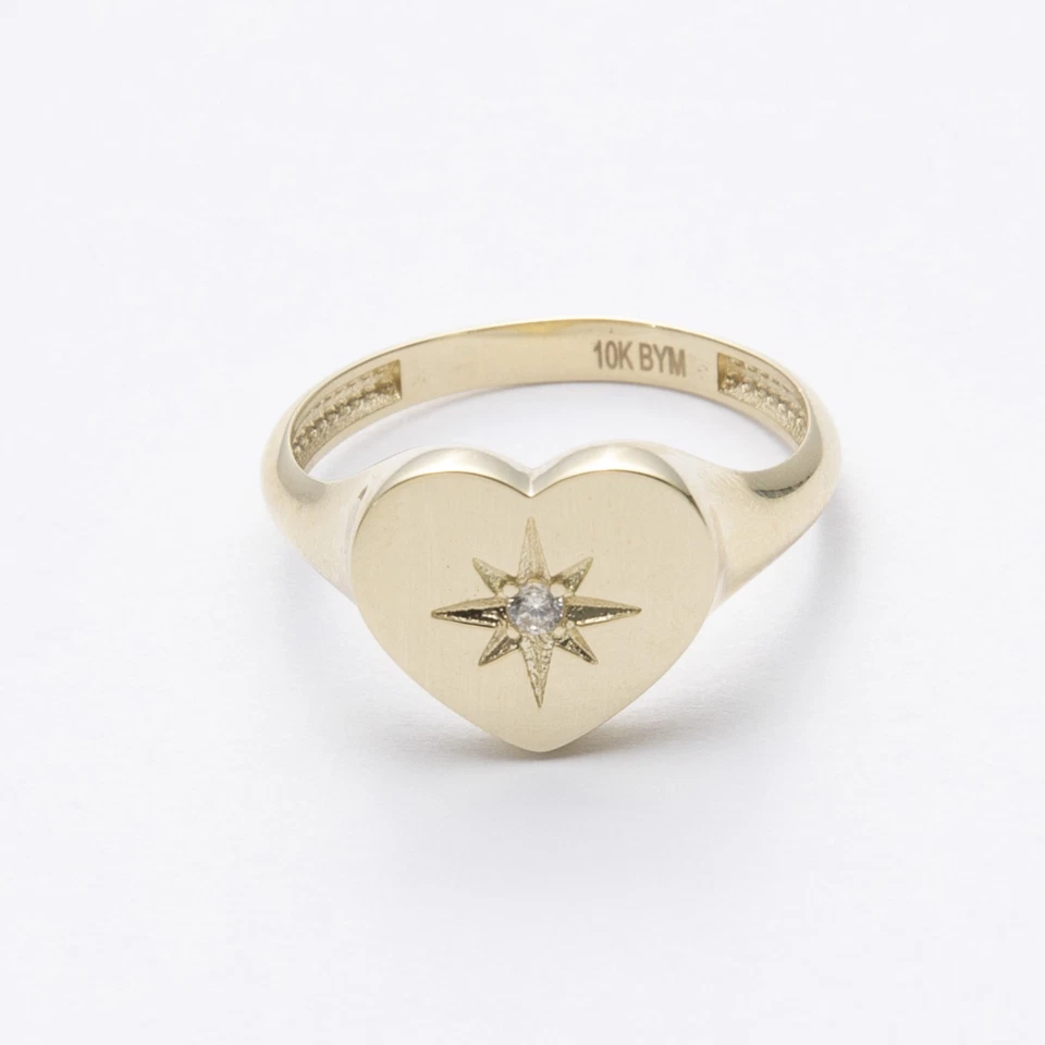 North Star Heart Signet Ring Solid Real 10K Yellow Gold All Sizes - Image 2 of 4