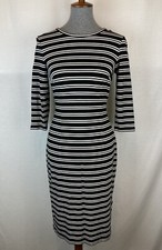 Ann Taylor Women's Small Pencil Sheath Dress Black White Striped 3/4 Sleeve