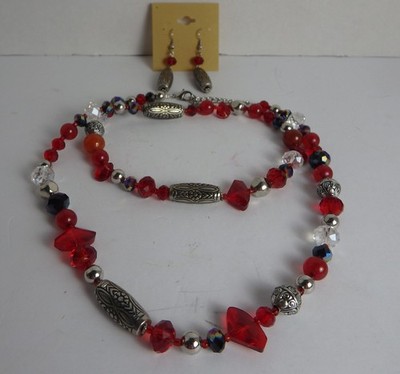 Red Black Clear Crystal Beads Metal Accents Necklace Dangle Earrings Christmas