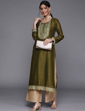 Women's Green Embellished Silk Blend A-line Kurta Indian Pakistani Kurti