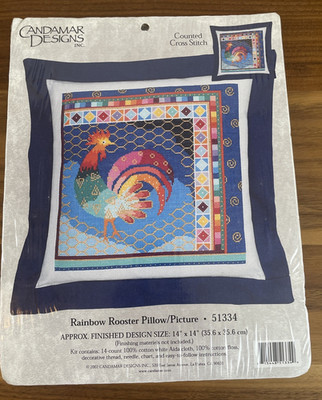 NEW Candamar Designs Counted Cross Stitch Kit Rainbow Rooster Pillow Picture