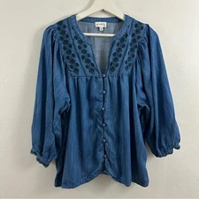 Wonderly Embroidered Yoke Button Down Top Women's Size PL