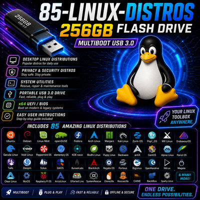   85-in-1 LINUX DISTROS MEGA PACK! Multiboot 256GB USB Flash Drive | FAST SHIP
