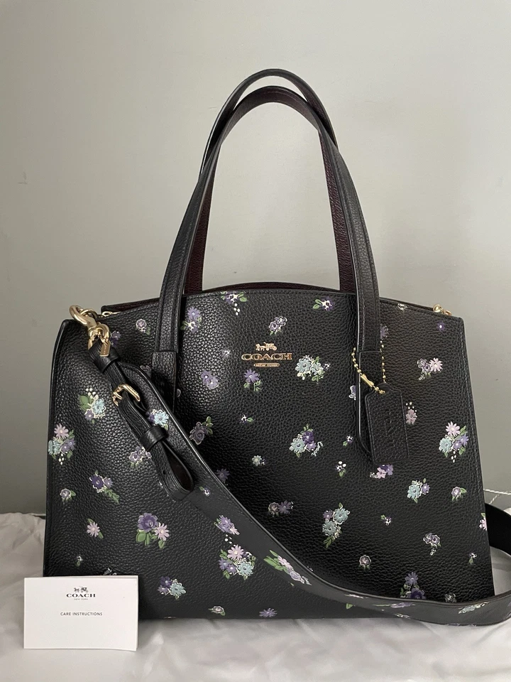 Bolso Bandolera COACH Charlie Carryall Negro Floral Cuero Repujado Púrpura Posey Foto 3 de 4