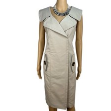 Calvin Klein Cotton Spandex Wrap Dress 8 Beige Business Babydoll Wide Collar
