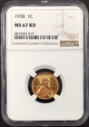 1938 Lincoln Cent certified MS 67 RD by NGC!