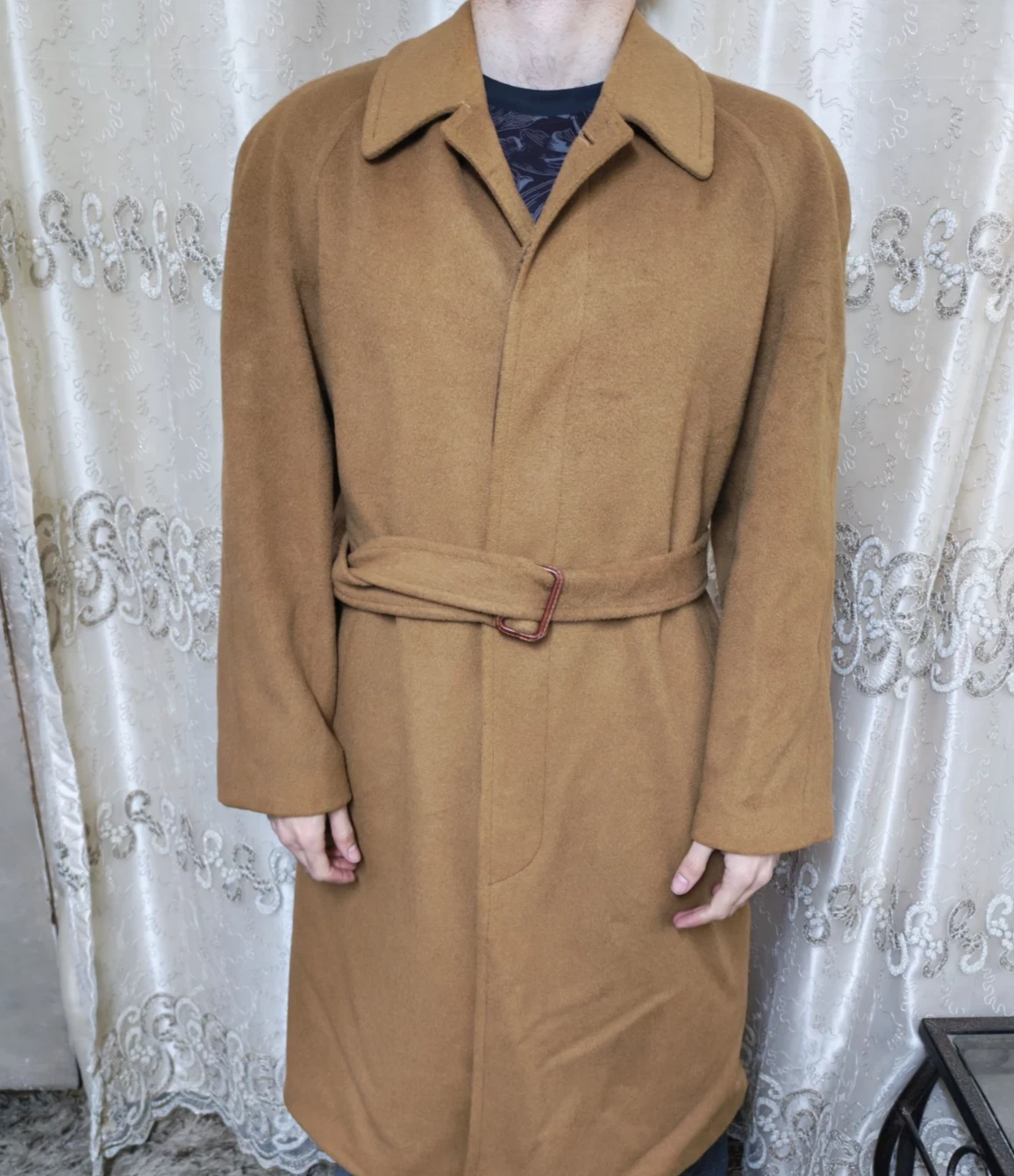 Vintage Preca wool Cashmere blend classic belted brown raglan over coat 46R XL