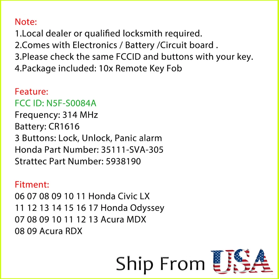 10 брелоков дистанционного управления для Honda Civic Odyssey Acura MDX 2011-2017 Odyssey 2006-2011 годов выпуска - Изображение 2 из 4