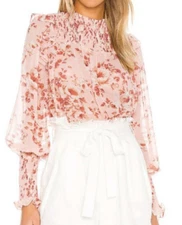 Bardot Remi Blouse x Revolve Floral Peach smocked yoke & cuff sz small feminine