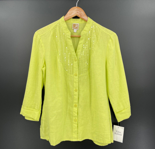 JM Collection Women's 8 Petite Shy Lime Green 100% Linen Sequin Detail Button Up