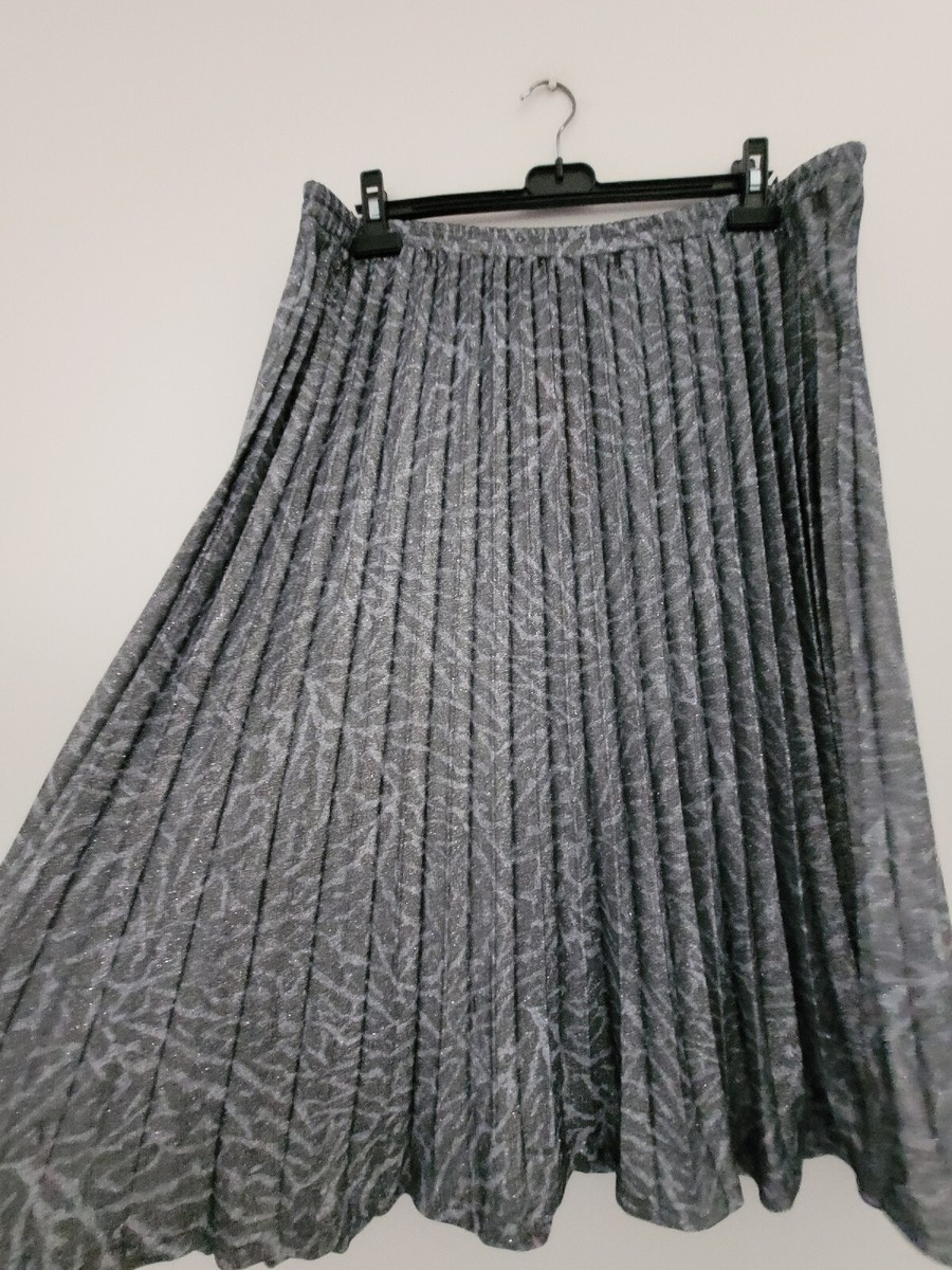 Liz Jordan Size 18 Glitter Leopard Pleated Skirt Midi Silver New