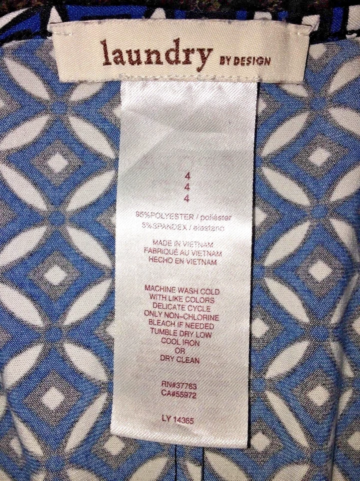 Vestido geométrico para mujer Laundry By Design azul blanco cuello en V mangas 3/4 talla 4 Foto 3 de 4