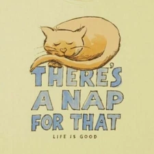 NWT Women's Life Is Good Nap For That Cat Yellow Lightweight FITTED SS Smooth T