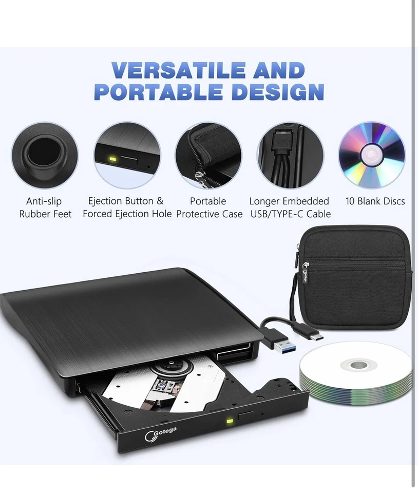 External CD DVD Drive USB 3.0 Writer Burner Player for PC Laptop + 10 Discs &Bag - Image 4 of 4