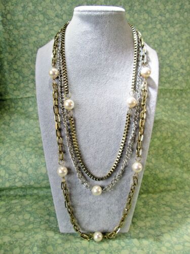 Gold & Silver Tone Mixed Chain Layered Necklace / Faux Pearls 