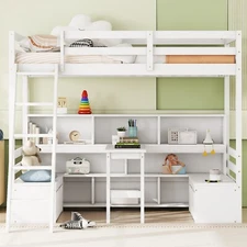 Modern Wood Twin Loft Bed w/Storage Shelves, Drawers, Seat And Desk, White