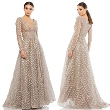 Mac Duggal Size 18 $798 Taupe Embellished Illusion Long Sleeve Wrap Over Dress