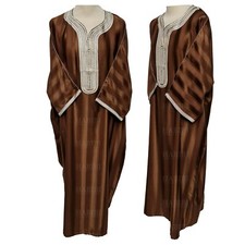 Men's Moroccan 3-Quarter Sleeve Brown Striped Jubba Thobe Djellaba