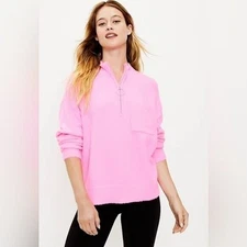 Lou & Grey Fuzzy Zip Pocket Sweater Neon Pink SzSmall super soft half zip boucle