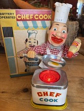 Giocattolo di latta vintage Yonezawa Chef Cook Japan a batteria FUNZIONANTE ~ con scatola