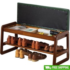 Rubberwood Entryway Bench W/ Hidden Storage Clamshell Seat Ergonomic Cushion New