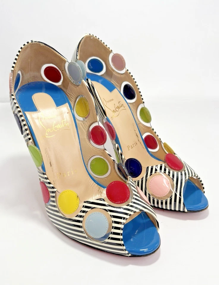 Christian Louboutin Lady Bug Heels Navy/White Stripes Bright Polka Dots Sz 35.5 - Image 3 of 4