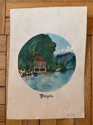 Antique 19th Cent Swiss Landscape Watercolor Painting Tellskapelle OOAK 6.5x9.5