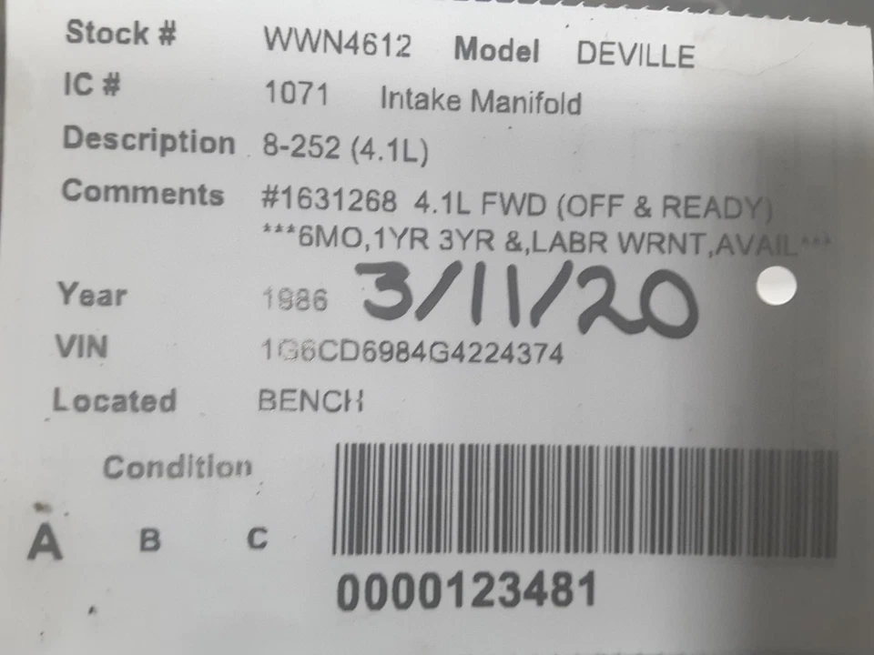 Used Engine Intake Manifold fits: 1986 Cadillac Deville 8-252 4.1L FWD Grade A Foto 4 de 4