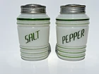 Vtg 1940s Hazel Atlas Milk Glass Beehive Salt & Pepper Shakers Set Green w/Lids