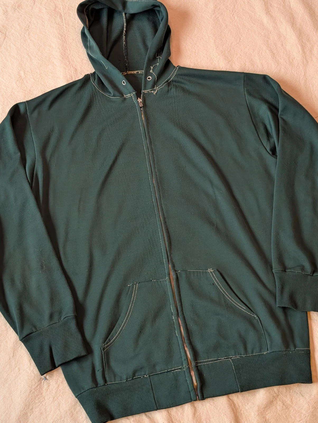 70s True Vintage Green Zip Work Thermal Knit Hoodie Faded Grunge Punk XL